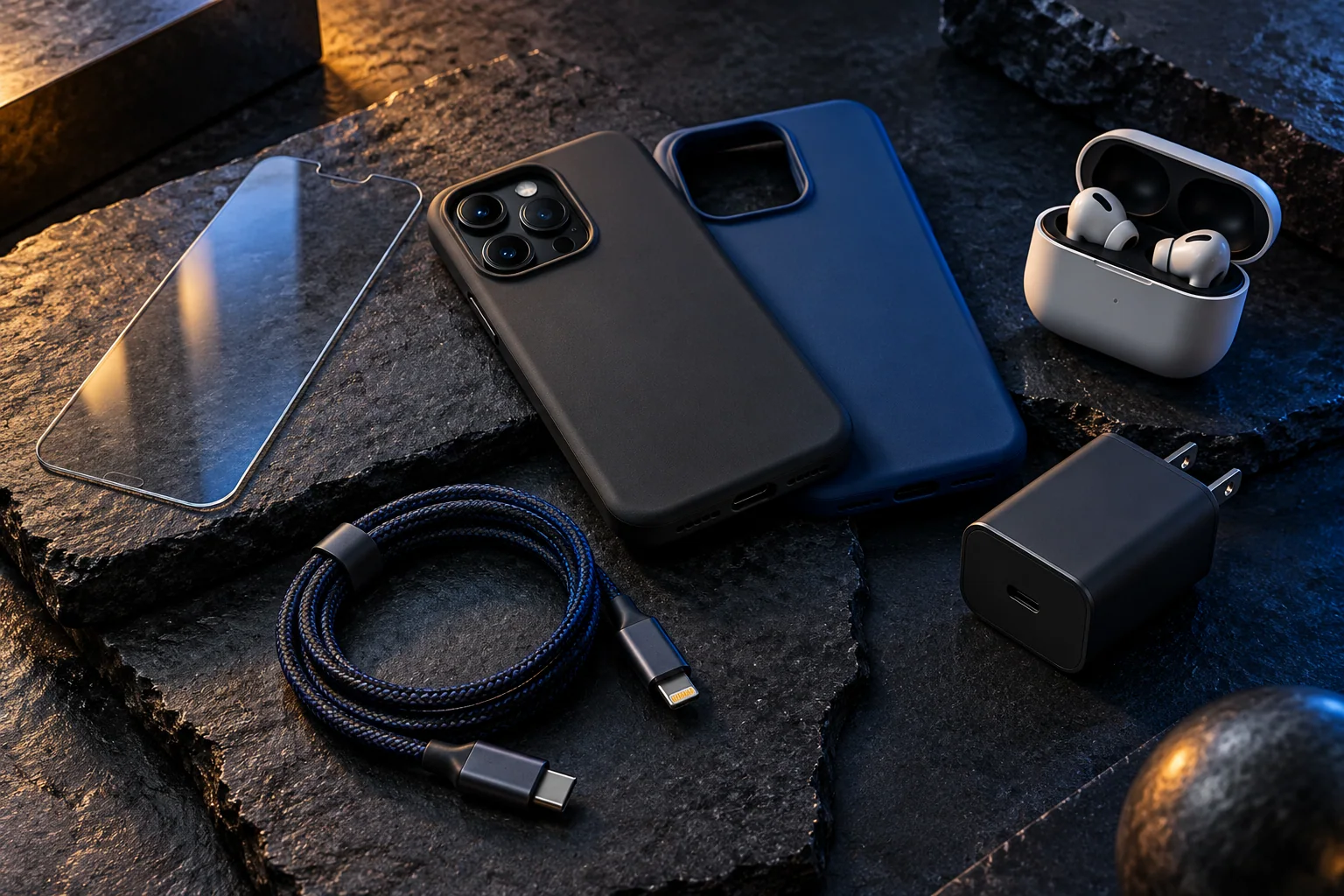 Premium phone cases, screen protection, charging cable, earbuds and wall charger arranged on a dark studio surface