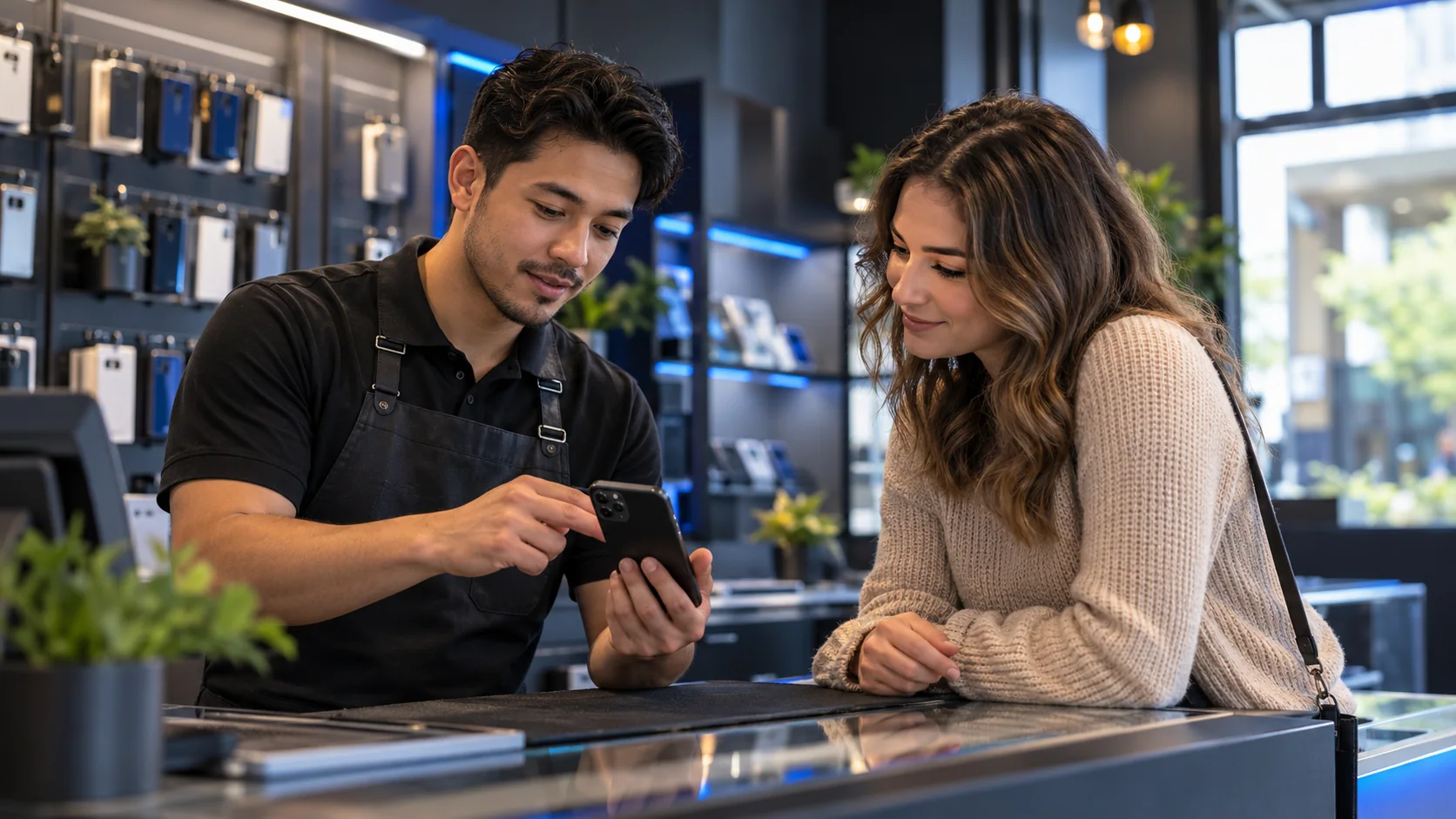 Phone repair specialist explaining a device to a customer at a modern service counter